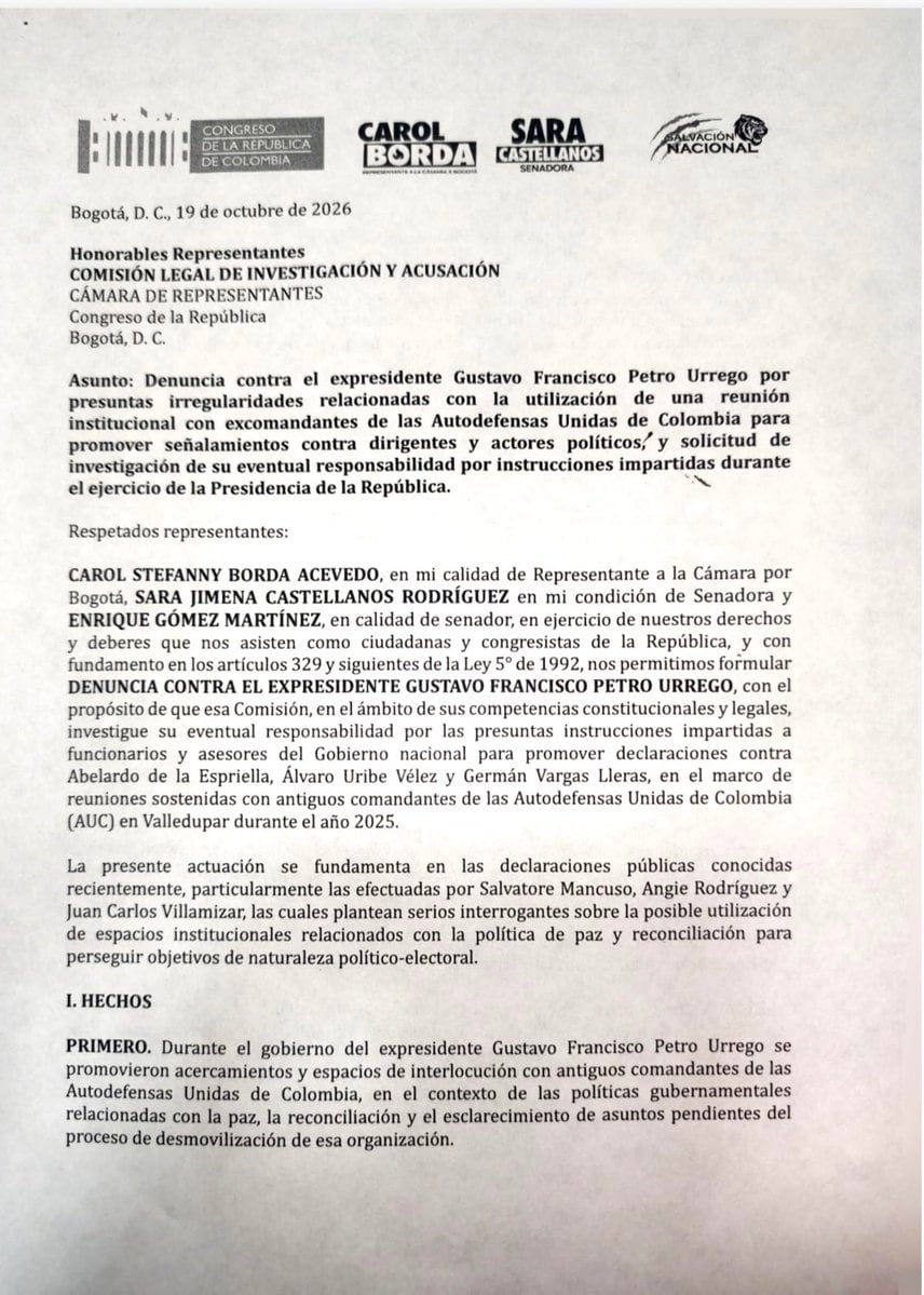 Carol Borda, junto con los senadores Sara Castellanos y Enrique Gómez, solicitó investigar la eventual responsabilidad de Petro por presuntas instrucciones impartidas durante su Gobierno. - crédito Carol Borda