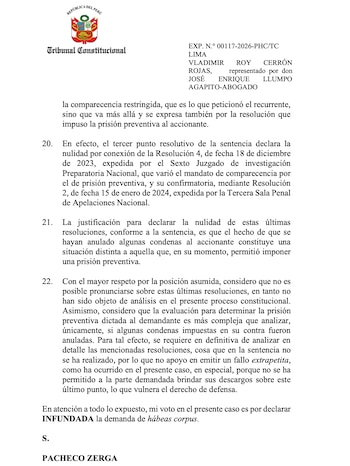 Documento legal del Tribunal Constitucional del Perú. Muestra texto en español relacionado con el expediente del caso de Vladimir Cerrón y el voto de Pacheco Zerga