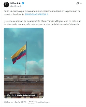 La petición de Soto se conoció a través de redes sociales en vísperas de la ceremonia de posesión presidencial la tarde del jueves 6 de agosto de 2026 - crédito @millersoto/X