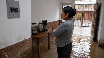 Mujer en casa con el piso inundado, un tablero eléctrico en la pared, una mesa de madera con licuadora y cafetera con cables, y una puerta abierta al exterior