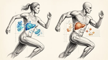 Dibujo anatómico de una mujer y un hombre corriendo que muestra el hígado, mitocondrias y fórmulas químicas en el interior del cuerpo