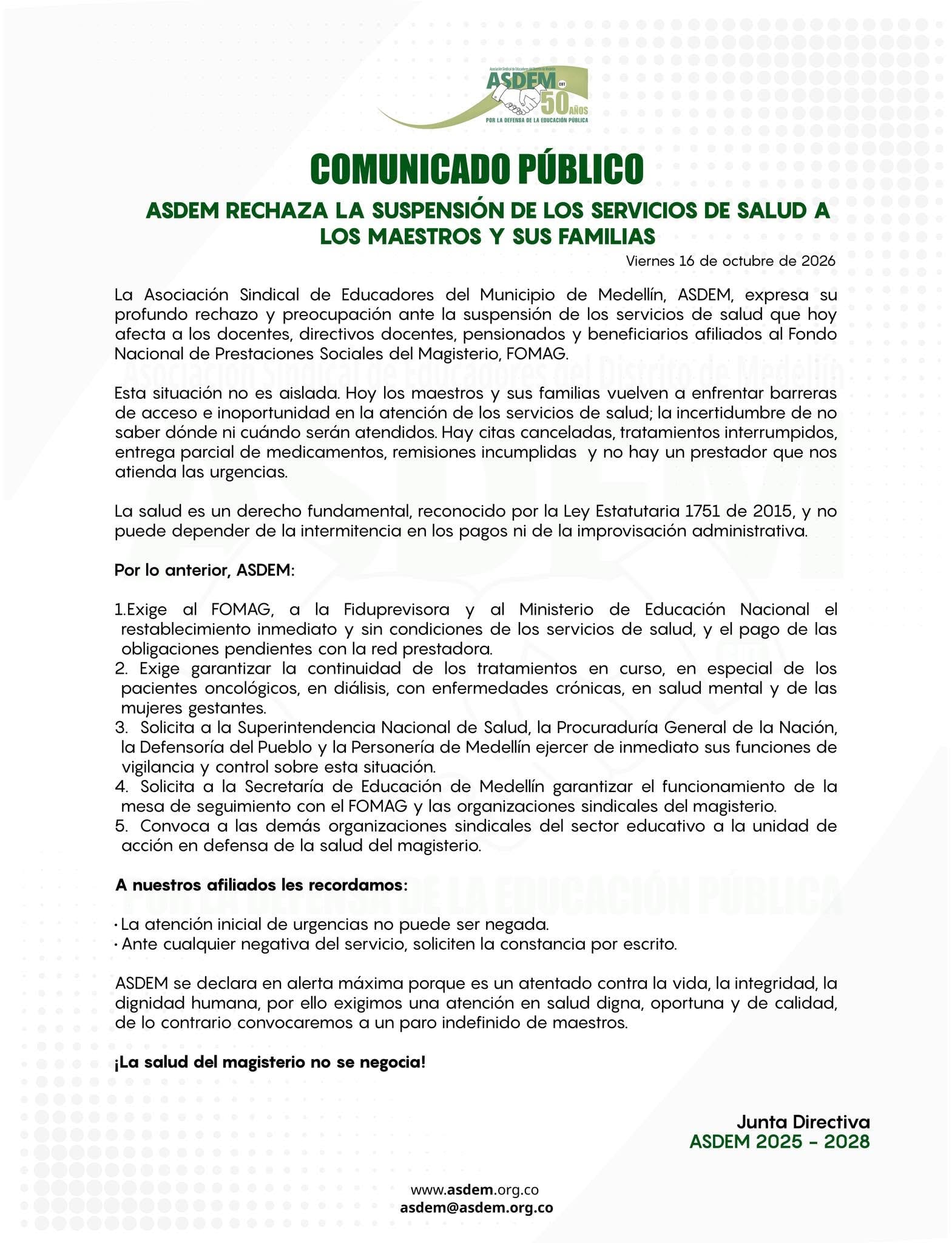 La Asociación Sindical de Educadores de Medellín exige restablecer la atención médica y advierte sobre un posible paro indefinido. - crédito ASDEM