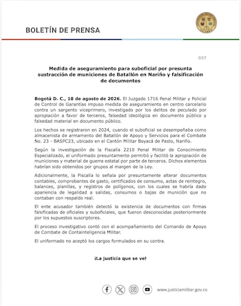 Un juez de la Justicia Penal Militar y Policial envió a prisión a un sargento viceprimero investigado por la presunta sustracción de municiones de un batallón en Nariño y la falsificación de documentos para encubrir salidas de material de guerra - crédito @JPMP_Colombia/X