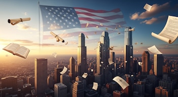 Vista aérea de una ciudad con rascacielos al atardecer, con una bandera de Estados Unidos, rollos de pergamino, un libro abierto y papeles flotando en el cielo.