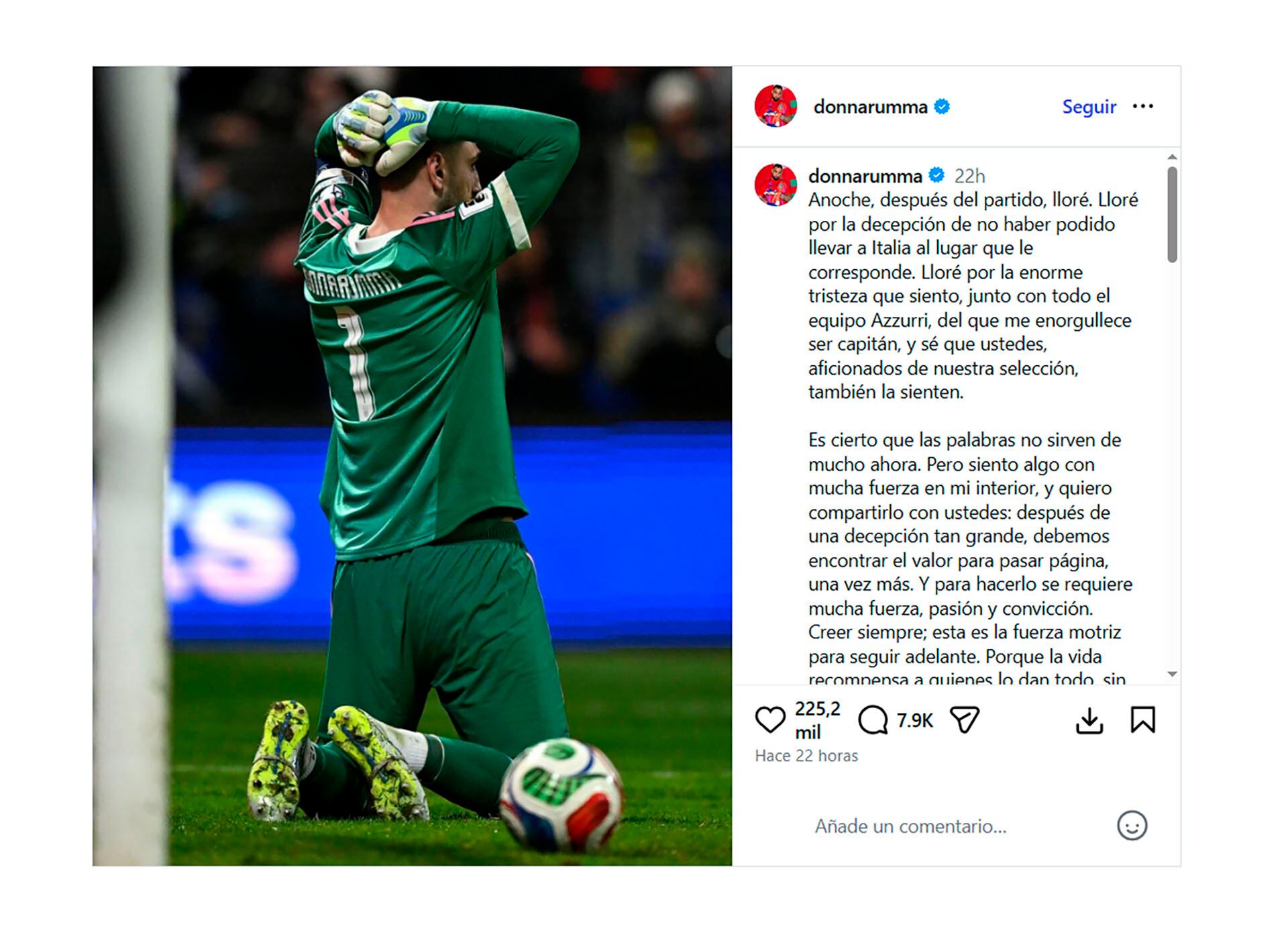 El crudo mensaje de Donnarumma tras la derrota de Italia ante Bosnia y quedar fuera del Mundial (@donnarumma)