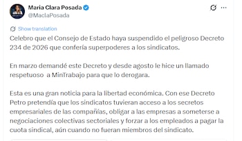 La senadora María Clara Posada celebró la suspensión del decreto sobre negociación colectiva - crédito @MaclaPosada/X