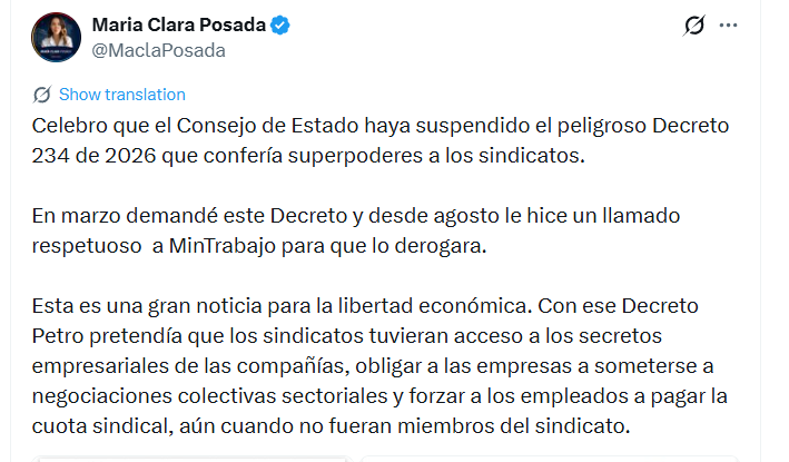 La senadora María Clara Posada celebró la suspensión del decreto sobre negociación colectiva - crédito @MaclaPosada/X