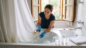 Una mujer con guantes azules cepilla una cortina de baño blanca dentro de una bañera junto a un frasco de vinagre y una toalla.