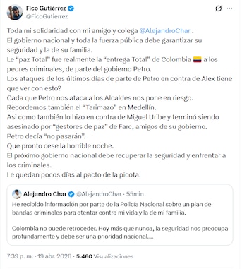 Fico Gutiérrez criticó la política de seguridad del gobierno Petro y señaló el aumento del riesgo para los mandatarios - crédito Fico Gutiérrez/X