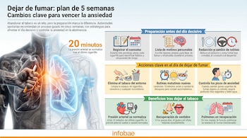 Infografía con un torso humano transparente y mano aplastando un cigarrillo, junto a secciones sobre preparación, acciones y beneficios de dejar de fumar.