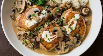 Un plato blanco contiene tres piezas de pollo cocido, salsa cremosa con champiñones enteros y en rodajas, arroz blanco y hierbas verdes.