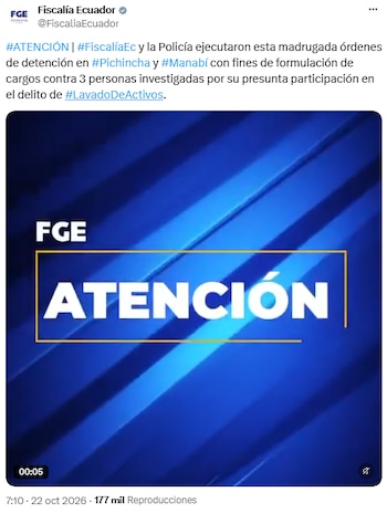 Fiscalía de Ecuador sobre las órdenes de detención - crédito @FiscaliaEcuador/X