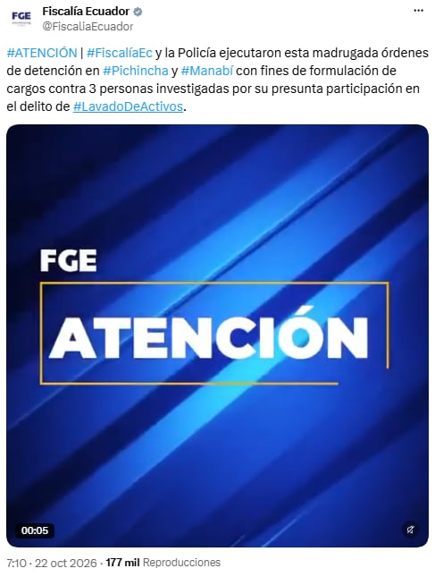 Fiscalía de Ecuador sobre las órdenes de detención - crédito @FiscaliaEcuador/X