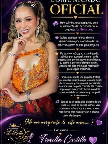 Fiorella Castillo y su comunicado anunciando su salida de La Bella Luz. IG