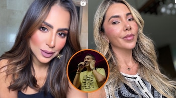Primer plano de dos mujeres con un recuadro circular central que contiene al cantante Kbeto Zuleta con micrófono sobre el escenario.