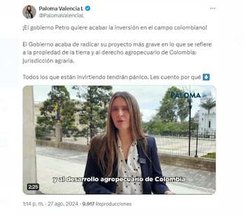 Según la senadora, esta iniciativa legaliza la invasión de tierras y podría someter a todos los negocios relacionados con el sector agrario a la nueva jurisdicción - crédito @PalomaValenciaL/X