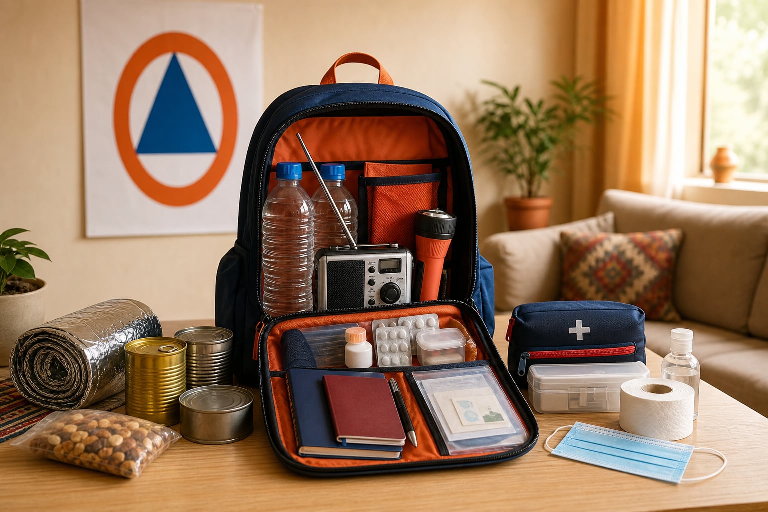 Una mochila provista de agua, radio y botiquín permanece organizada sobre una mesa en una vivienda de Perú frente a un emblema de Defensa Civil. (Imagen Ilustrativa Infobae)