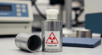 Recipiente de plomo cilíndrico con etiqueta de radiactividad y 'Cesio-137', conteniendo un vial con gel, sobre mesa de laboratorio con fondo desenfocado.