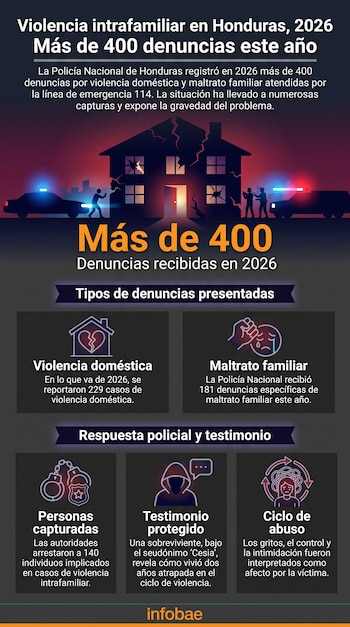 Infografía sobre violencia intrafamiliar con silueta de casa dañada, patrullas policiales, personas y cuadros con datos y texto.