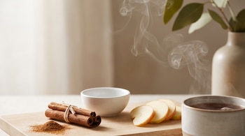 Rama de canela y canela molida, un cuenco blanco, rodajas de manzana, taza de infusión humeante, tabla de madera clara y hojas verdes en jarrón.