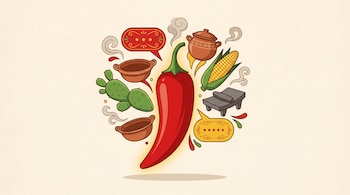 Chile rojo rodeado de cazuelas de barro, un metate, una mazorca de maíz, nopales y globos de texto.