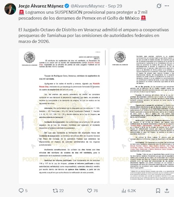 Captura de pantalla de una publicación en redes sociales con texto sobre un amparo judicial y dos páginas adjuntas de un documento legal