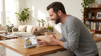 Un hombre de mediana edad sonríe mientras mira y gesticula hacia un dispositivo Google Nest Hub sobre una encimera de madera clara en una cocina moderna.