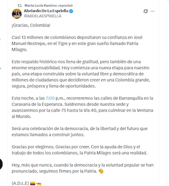 El presidente electo Abelardo de la Espriella agradeció a sus electores - crédito @ABDELAESPRIELLA/X