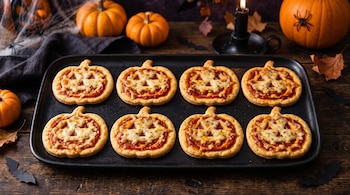Ocho mini pizzas con forma de calabaza en una bandeja negra, rodeadas de calabazas pequeñas, hojas secas, murciélagos de papel y una vela.