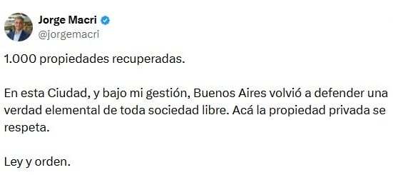 Jorge Macri afirma en una publicación en redes sociales que la Ciudad de Buenos Aires recuperó 1.000 propiedades durante su gestión de gobierno. (@jorgemacri)