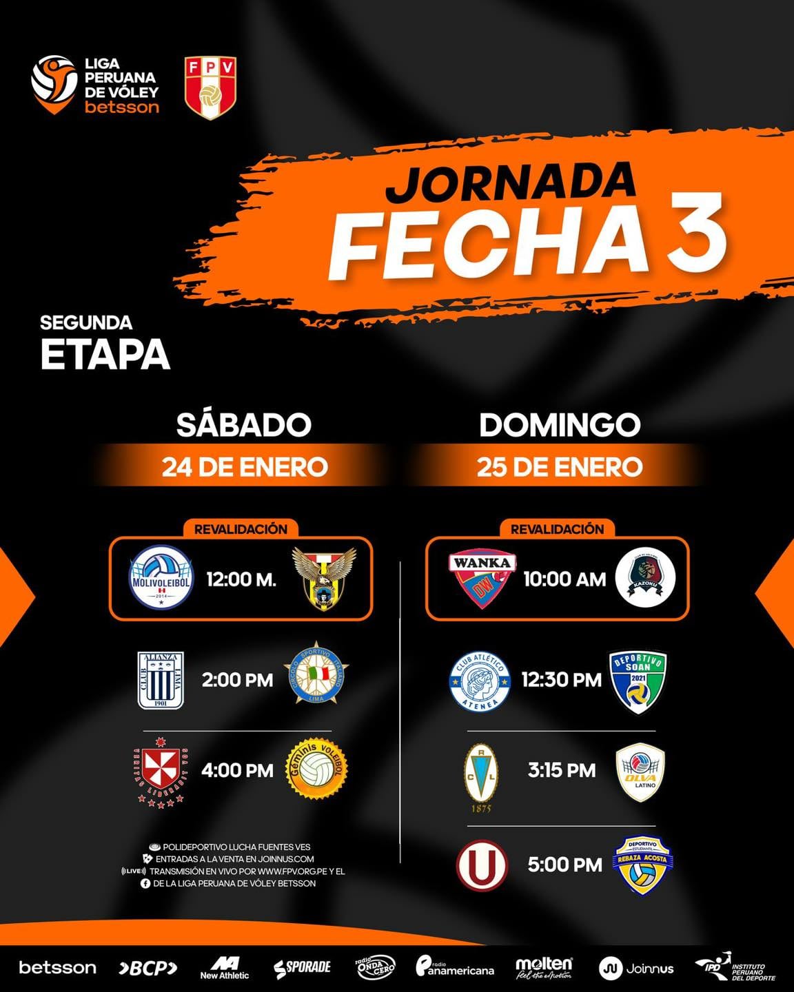 Programación oficial de la fecha 3 de la Liga Peruana de Vóley 2025/26. Crédito: LPV