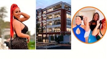 Collage de tres imágenes: a la izquierda, Deysi Araujo con cabello rojo y vestido negro; al centro, un edificio moderno; a la derecha, tres mujeres festejando.