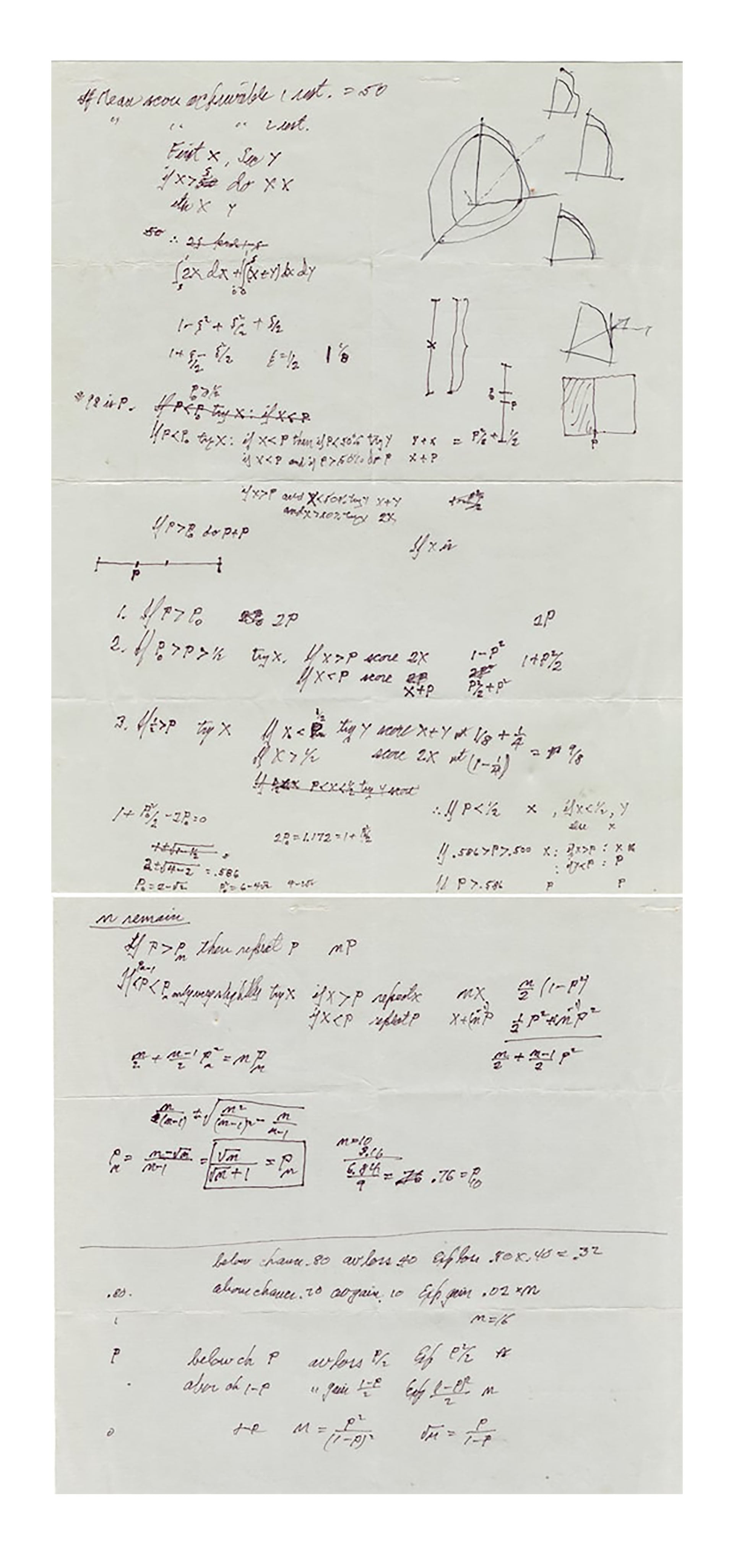 Páginas manuscritas del físico Richard Feynman revelan un trabajo inédito sobre física teórica, mostrando ecuaciones y diagramas complejos. (Courtesy of Ralph Leighton / Richard P. Feynman Estate)