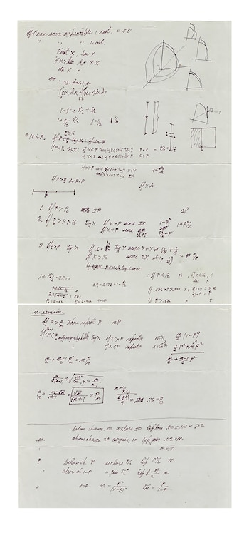 Una hoja de papel con escritura a mano en tinta morada y diagramas matemáticos, incluyendo ecuaciones, líneas y figuras geométricas