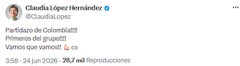 Claudia López aplaudió el “partidazo” de Colombia y alentó al equipo para lo que viene - crédito @ClaudiaLopez/X