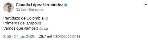 Claudia López aplaudió el “partidazo” de Colombia y alentó al equipo para lo que viene - crédito @ClaudiaLopez/X