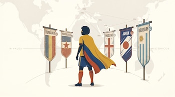 Ilustración de un futbolista con camiseta y capa de Colombia de espaldas, frente a las banderas de Rumanía, Yugoslavia, Inglaterra, Japón y Uruguay.