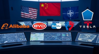 Centro de mando militar con pantallas mostrando mapas, datos, logos: Alibaba, BYD, Baidu, Tesla, Pentágono. Banderas de EE.UU., China, OTAN al fondo.