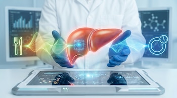 Un profesional médico con guantes azules sostiene un modelo holográfico de un hígado humano con un circuito digital sobre una tableta.