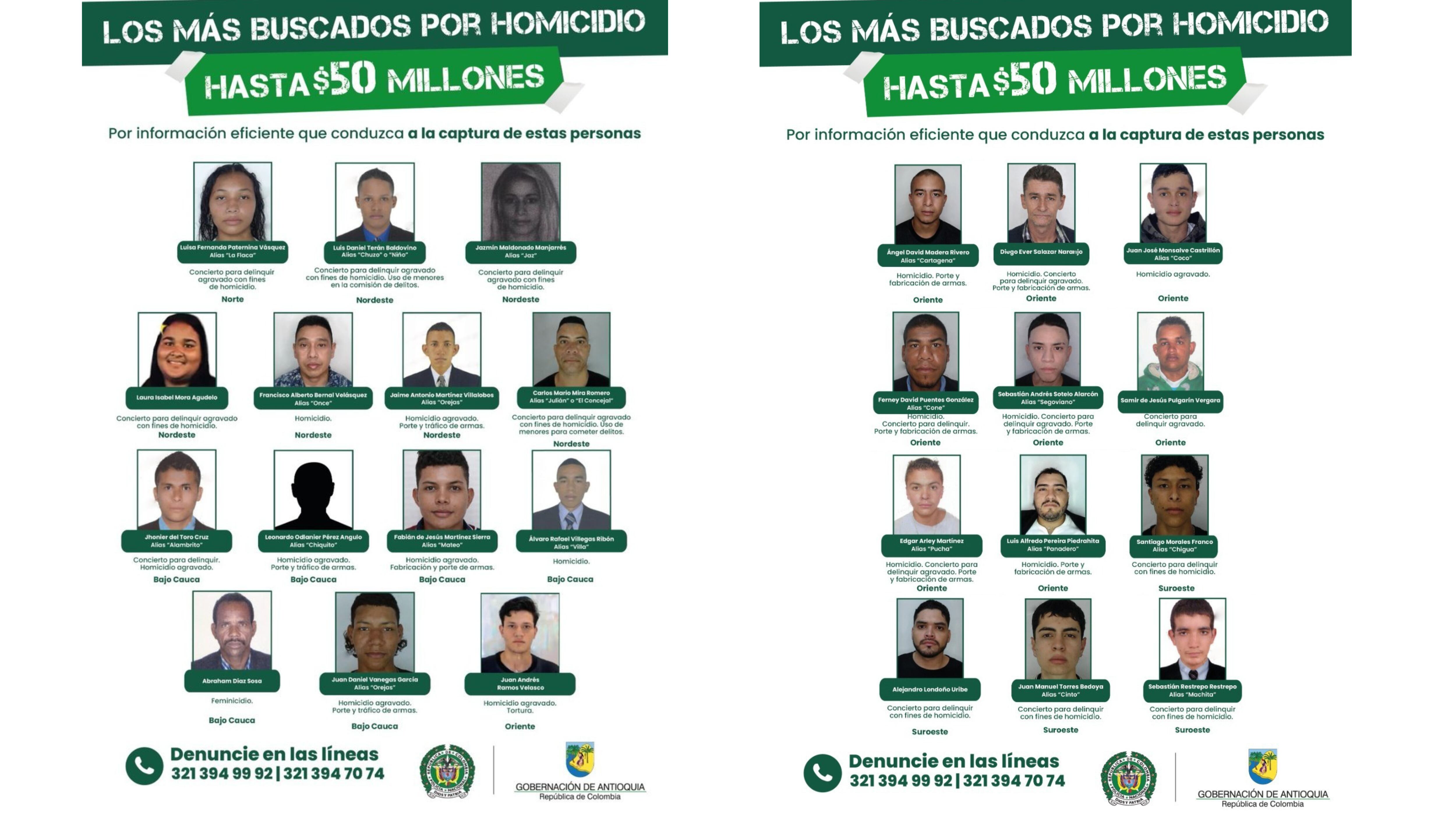 El cartel de los 27 delincuentes más buscados por homicidio en Antioquia, con recompensas de hasta $50 millones por información que conduzca a su captura - crédito Policía de Antioquia