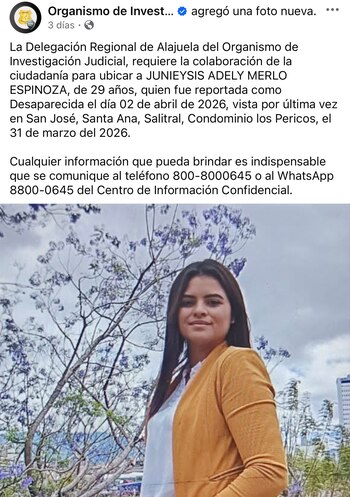 Publicação da Associação de Investigação Judicial para encontrar a menina nicaraguense. Cortesia: OIJ