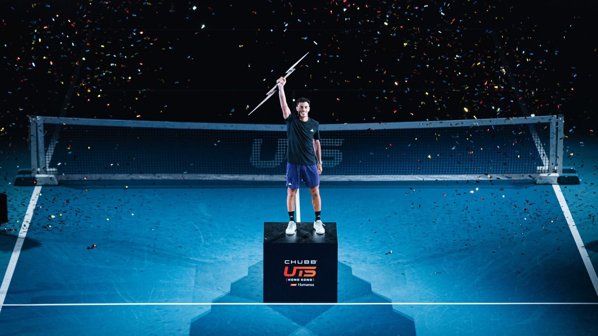 Francisco Cerúndolo se consagró campeón de la Ultimate Tennis Showdown al derrotar en la final al estadounidense Jenson Brooksby (Crédito: UTS)