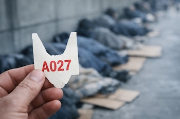 Una mano sostiene un ticket de papel blanco con el número A027 en rojo. Al fondo, personas acostadas en el suelo sobre cartones y cubiertas con mantas.