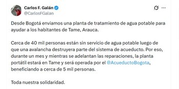 Según la Alcaldía de Bogotá, la planta permitirá reforzar el abastecimiento de agua potable mientras avanzan las obras de reconstrucción de la infraestructura afectada - crédito @CarlosFGalan/X