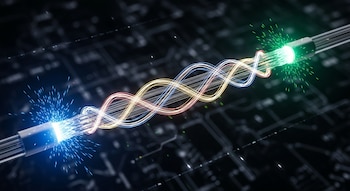 Un cable de fibra óptica emite luz azul y verde brillante en sus extremos, con filamentos coloridos entrelazados en el centro, sobre un fondo oscuro con circuitos.