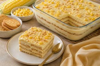 Porción de postre en capas con crema y granos de elote en un plato, junto a una fuente de vidrio con más postre y tazones con galletas.