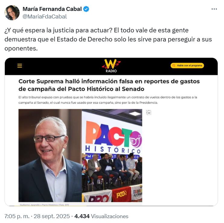 La senadora instó a la justicia a actuar contra los congresistas de izquierda - crédito @MariaFdaCabal/x