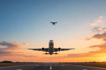 Un avión de pasajeros despega desde una pista iluminada por el atardecer mientras un dron cuadricóptero vuela por encima.
