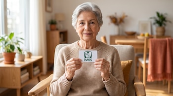 Una mujer mayor sentada sostiene una tarjeta blanca con el logotipo verde del IMSS frente a su pecho en una sala iluminada.