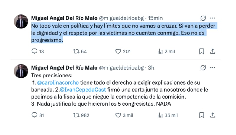 Con estos mensajes en X, el abogado Miguel Ángel del Río hizo públicas sus críticas sobre la situación del Pacto Histórico y el caso entre Carolina Corcho e Iván Cepeda - crédito @migueldelrioabg/X